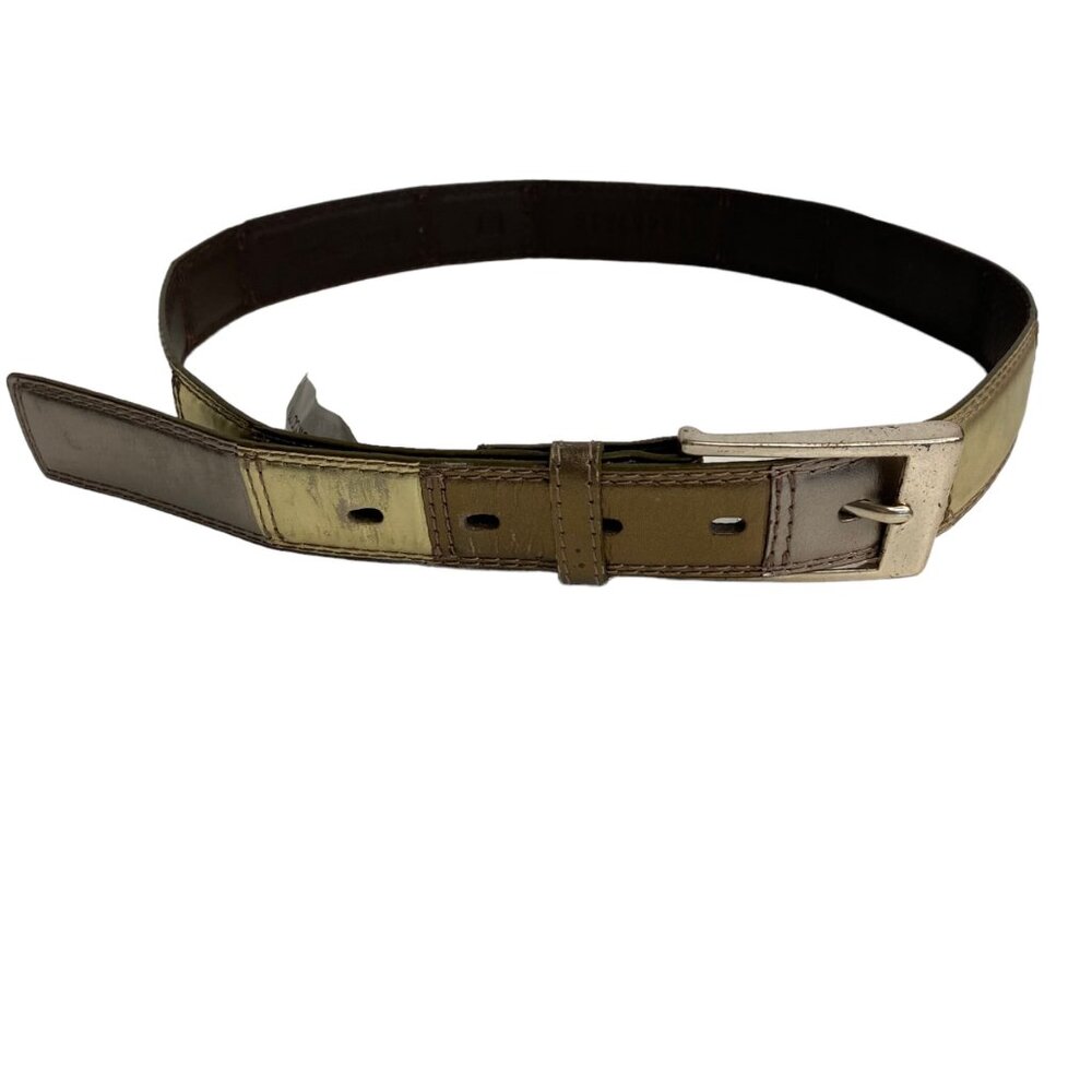 Fossil color block metallic leather‎ belt gold silver bronze metal buckle wms S